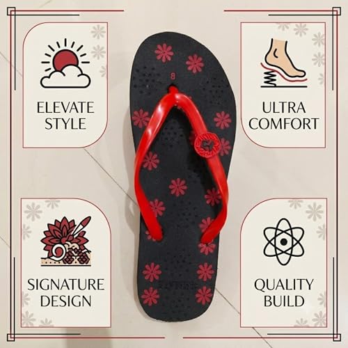 Image of Women's Flip Flops, Red Color,Floral Print, Casual Slippers