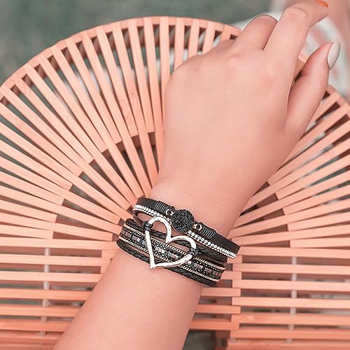 FANCY SHINY Heart Leather Wrap Bracelets Stackable Boho Cuff Bangles Trendy Resin Stone Rhinestone Bracelets with Magnetic Clasp for Women Mother Gift Jewelry4