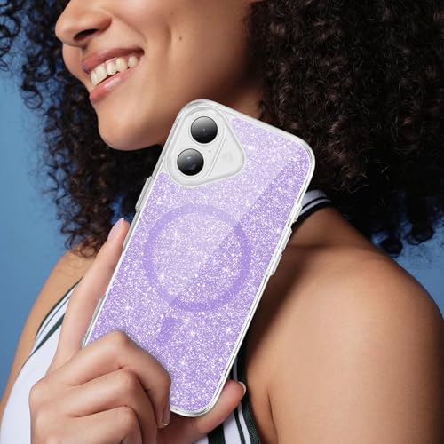 Coque iPhone 16 Plus violette pailletée et transparente compatible MagSafe