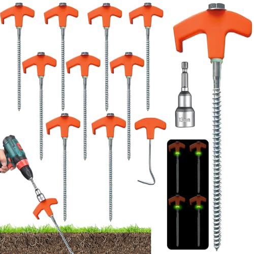 CWENDANER 20cm Lang Stahl Erdnägel für Camping,10 Stück Drehbare Zeltheringe mit Gewinde，Zelt & Outdoor Robust (Schraubheringe, Bodenanker, Sturmheringe)