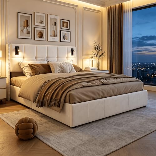 BRILVERDE Lit Coffre 140x200 cm avec 2 Liseuses LED,Lit Double Rembourré en Velours Begie avec Grand Rangement Hydraulique - Sommier à Lattes Inclus pour...