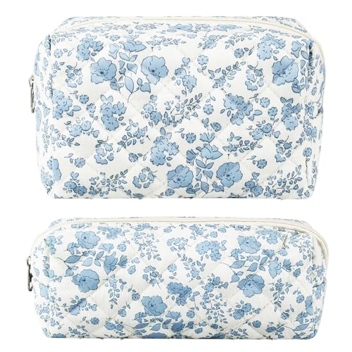 2Pcs Floral Makeup Bag for Women Cotton Quilted Small Coquette Cosmetic Bag Cute Zipper Blue Flower Makeup Pouch Aesthetic Portable Pencil Case Travel Toiletry Bag Trendy Cloth Skincare Bag