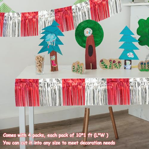 Image of 4 Pack 10 Feet Red Silver Foil Fringe Garland Metallic Tinsel Streamers Banner Fringe Curtain Banner for Parade Floats Wedding Graduation Homecoming Carnival Birthday Party Decorations (Red Silver)