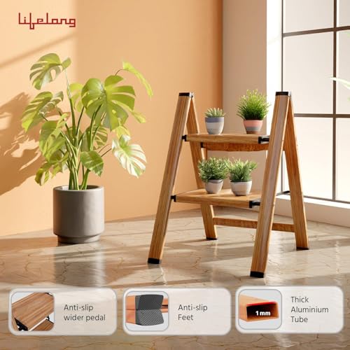 Image of Lifelong 2 Steps Ladder for Home, Wooden Finish Coating, Foldable & Portable Stairs, Versatile Use for Kitchen, Bathroom & Office Foot Stool -Multipurpose Two Step Stool with 150 Kg Capacity (LLSLW02)