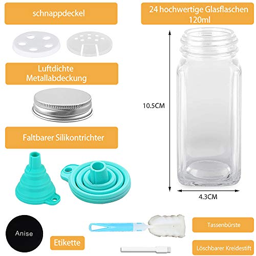 MEckily 24er Set Gewürzglas- Gewürzgläser Quadratische Glasbehälter Füllmenge 120 ml,10,5 x 4,3 cm Luftdichte Kappe… - Image 3