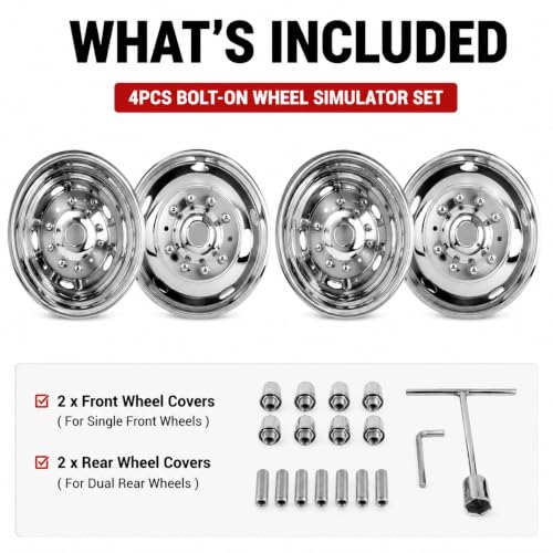 Image of 4X 19.5 Bolt On Wheel Simulators Compatible with Ford 2005-2025 F450 F550, 10 Lug 5 Hand Hole Design Front Rear Dually Hub Caps Skins Liners Rim Covers Stainless Steel Polished with Tool Kits
