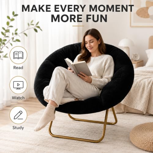 Image of Simple Deluxe Comfy Chairs for Bedroom, Faux Fur Saucer Chair for Adults, Oversized Comfy Soft Saucer Chair, Padded Lazy Chair for Living Room Dorm Rooms, Black