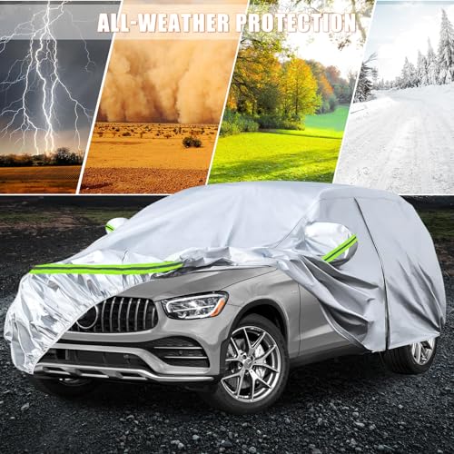 Image of Waterproof Car Covers Replace for 2016-2025 Mercedes Benz GLC 300 350e, 6 Layers Silver All Weather Car Cover with Zipper Door & Windproof Bands for Snow Rain Dust Hail Protection