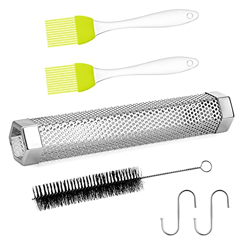 Smoker Tube, 12" Stainless Steel Smoker Tube for Pellet 5 Hours of Smoke Wood Tube Smokers for All Grill Electric Charcoal Gas Charcoal Smokers Cold Hot Smoking with Hooks Cleaning Brush Basting Brush