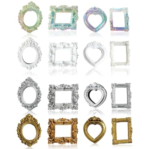 Mini marco de fotos vintage, miniatura, juego de 16 unidades, pequeños marcos para fotos, marcos decorativos en oro, plata y blanco, cuatro formas ovaladas, cuadradas, corazón estrecho, ideal para T