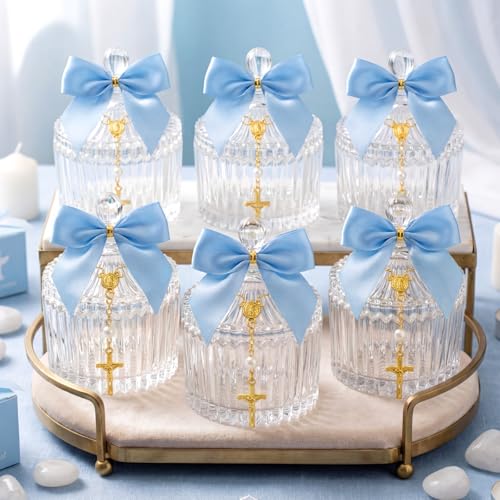 Chuangdi 6 Sets 24 Pcs Baptism Favors for Guests Crystal Candy Bowl Gifts with 6 Pcs Cross Rosary for Baptism Decorations Wedding Baby Shower Supplies First Communion Party(Light Blue)