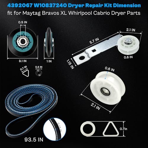 UPGRADED WPW10314173 4392067 MEDB835DW4 Dryer Repair Kit fit for Maytag Bravo Whirlpool Dryer Belt Drum Roller W10314171 MEDB835DW2 MEDB835DC4 MED3500FW1 80047 279640 W10837240 661570V LUXRILIX