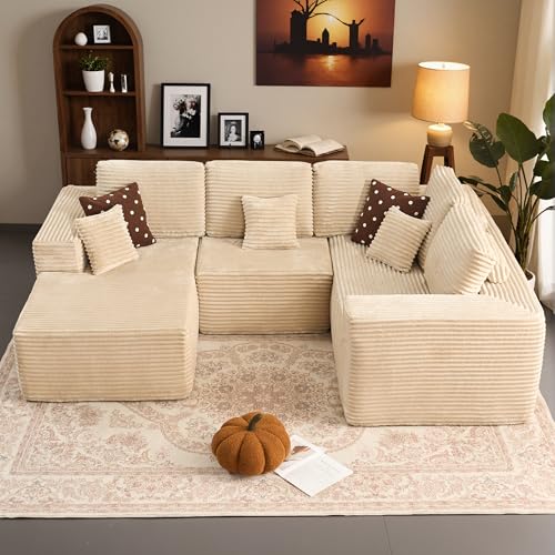 Image of HOOOWOOO Cloud Sectional Couches for Living Room,Modular Sectional Sofa No Assembly,110X79 Inch Plush Corduroy Large U Shaped Floor Couch Set with Deep Seat Chaise(Beige)