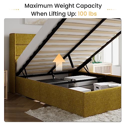 SHA CERLIN Full Size Lift Up Storage Bed/Modern Wingback Headboard/Upholstered Platform Bed Frame/Hydraulic Storage/No Box Spring Needed/Wood Slats Support/Olive Yellow