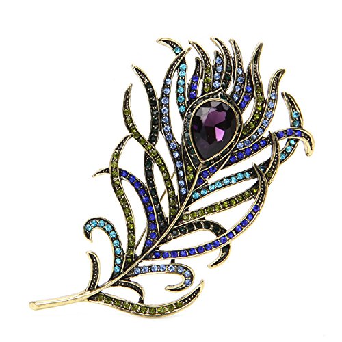 LANCHEN Vintage Plume de Paon Plaqué Or Multicolore Strass Broche Broches Bijoux