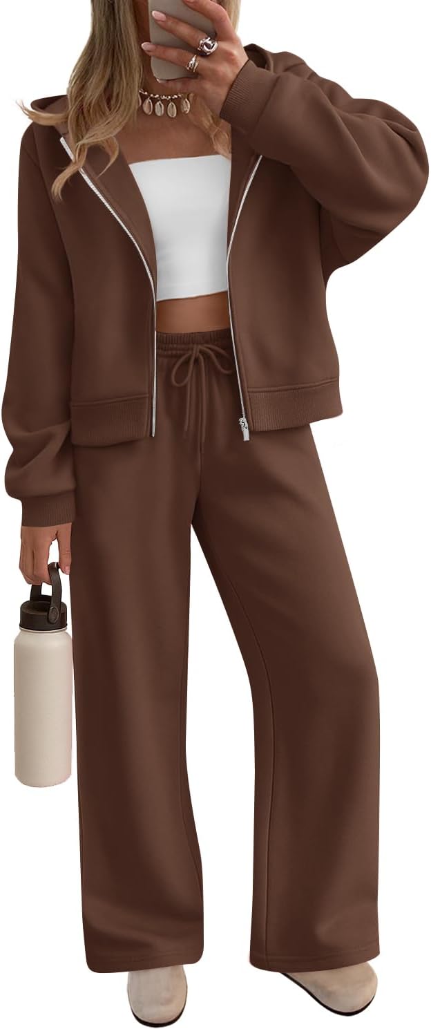 ZESICA Women's 2 Piece Outfits 2025 Spring Winter Fleece Hoodie Tracksuit Zip Up Sweatshirt Long Sweatpant Matching Set