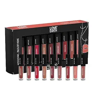 LoveEarth Liquid Matte Lipstick Combo Pack - 9-Piece Set with Waterproof Mousse Jojoba Oil, and Vitamin E - Smudge-Proof & Transferproof Mini Liquid Lipstick Long-Lasting Lip Makeup Gift Set for Women