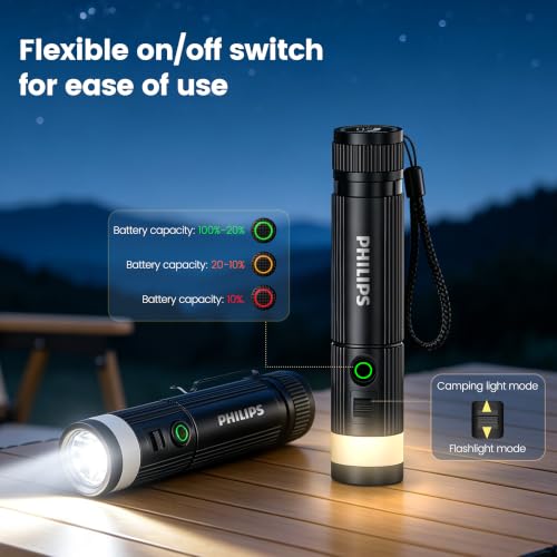 PHILIPS SFL5288 Rechargeable EDC Flat Flashlight with Camping, Warm White LED Combo, 1000 High Lumens Aluminium Portable Pocket Lights with 10 Modes, Two Sources for Outdoors Emergency Working (Black) - image 3