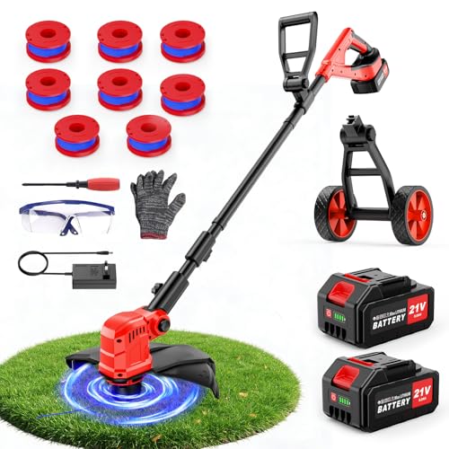 Image of 6000mAh Cordless Electric Weed Wacker, 12 inch Brushless Cordless String Trimmer, 4 in 1 Weed Eater /Brush Cutter /Weed Trimmer with 2*Batteries Powered & Auxiliary Wheels, Grass Trimmer (Red A)