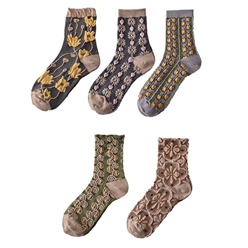 Cute Flora Women Ankle Crew Sock Boot Mixed Color Embroidered Novelty Warm Cottagecore Cotton Girl Fancy Sock 5 & More Pairs