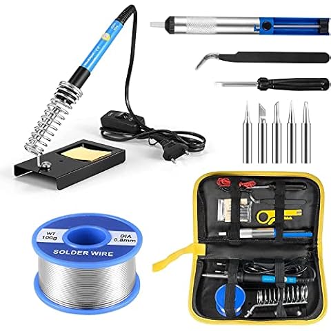 Lötkolben Set, 60W Lötkolben mit Einstellbarer Temperatur, ON/OFF Schalter, 100g Lötzinn, 5 Lötspitzen, Entlötpumpe, Lötkolbenständer, Lötdraht, Lötset für Elektrische Arbeiten Cover