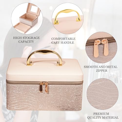 Image of Hard Craft Large Capacity Cosmetic Bags for Womens Girls Bride Multi Functional Beauty Case Wedding Makeup Jewelery Bridal Box Leather Storage Organizer Bag for Home Travel with Mirror