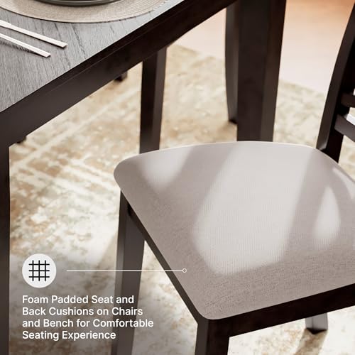 Image of Signature Design by Ashley Langwest 6-Piece Dining Table Set with Bench | Seats up to 6, 60.38 in W dining table, Reverse diamond patterned veneer, Tapered legs, Light beige polyester fabric