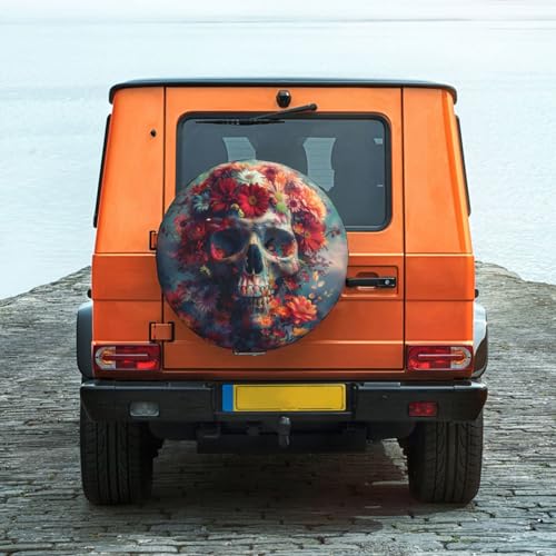Image of Colourful Human Skull with Flowers Spare Tire Cover, Universal Wheel Tire Cover Funny Skull Skeleton Tire Protectors for Trailer RV SUV Truck Camper 14 Inch