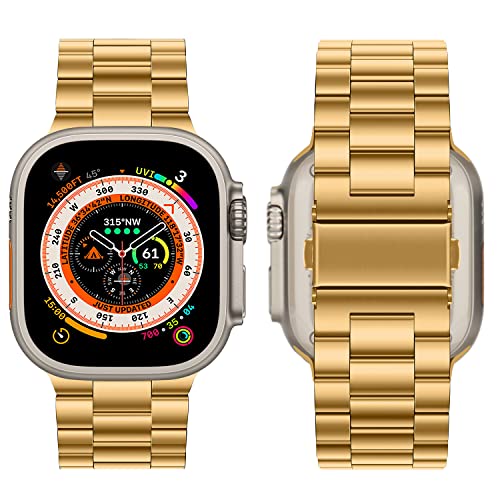 Image of HITZEE Compatible with Apple Watch Ultra Band 49mm Business Stainless Steel Metal Strap Men Women Link Bands Compatible for Apple Watch Ultra 3 /2 /1, 49mm Gold