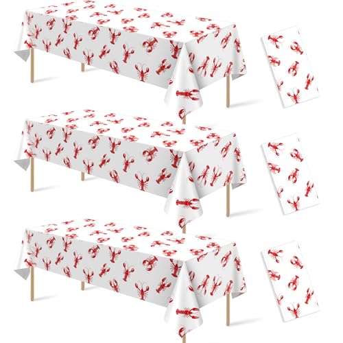 Hauwellter 3 Pack Crawfish Boil Party Tablecloth 108x54 Inch Plastic Disposable Rectangle Lobster Table Cloth for Seafood Boil Party Supplies Crawfish Party Birthday Decoration(White)