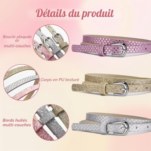 WUERKIYA Lot De 3 Ceintures Fines pour Enfants en Cuir PU Pailleté - Scintillante/Pailletée Avec De Superbes Boucles - Moderne pour Filles, Adolescentes – vue 3