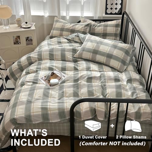 Image of VM VOUGEMARKET Plaid Bedding Set King 100% Cotton Green Grid Duvet Cover Set,Modern Men Boy's Comforter Cover with Zipper Closure-King