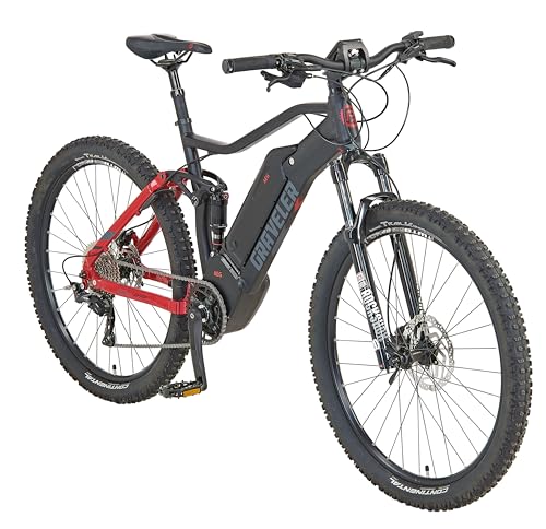 Prophete e9000 Graveler E-MTB 27,5' – 250W Mittelmotor, 180 km Reichweite, 10-Gang, AEG TFT Display, Rockshox Federgabel, Hydraulische Scheibenbremsen, Continental Trail King II, Schwarz Matt/Rot