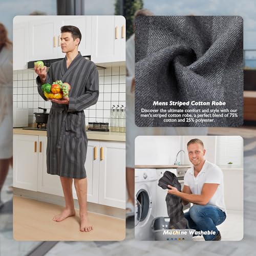 Image of FashGudim Mens Buffalo Plaid Cotton Robe Lightweight Bathrobe Shawl Collar Kimono Sleepwear Loungewear House Robes