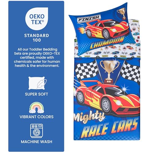 Image of Todays Kids 4-Piece Race Cars Toddler Bedding Set for Boys - Toddler Bed Sheets and Comforter Set with Reversible Comforter & Pillowcase, Flat Sheet, Fitted Sheet, Breathable & Super Soft Microfiber