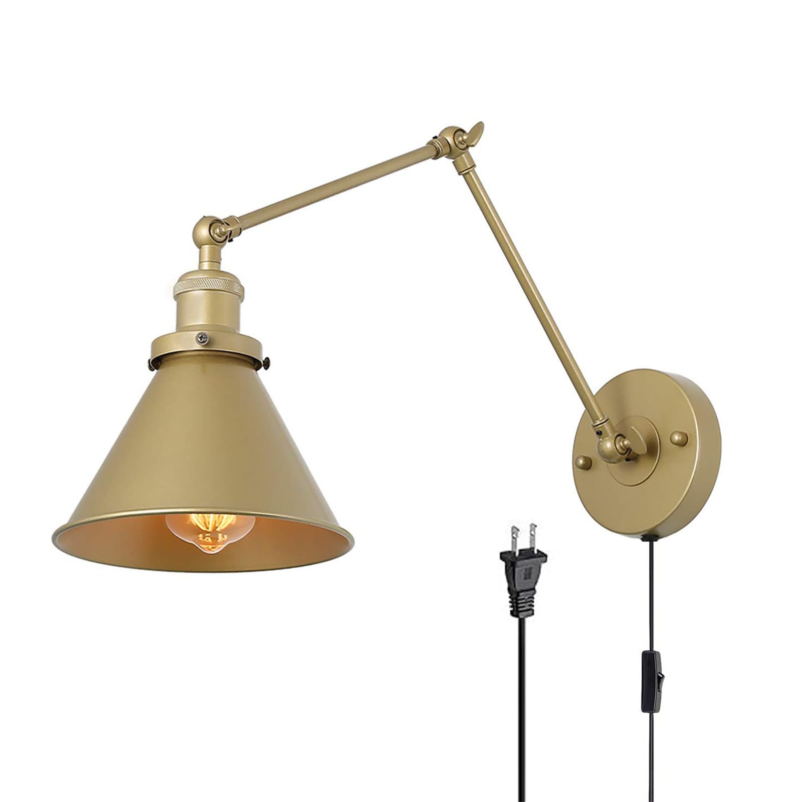 Innen Vintage Wandleuchte mit Schalter Wandlampe Langer Swing Arm Verstellbar mit Kabel Stecker Wandleuchten Strahlwinkel Einstellbar Beleuchtung Wandbeleuchtung für Schlafzimmer (Gold,1 Stück)