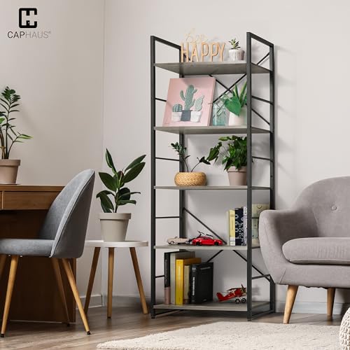 Image of CAPHAUS 5 Tier Bookshelf, 24 Inch Width Free Standing Shelf, Bookcase Shelf Storage Organizer, Industrial Book Shelves for Home Office, Living Room, Kitchen, Dark Grey Vintage Shelves & Metal Frame