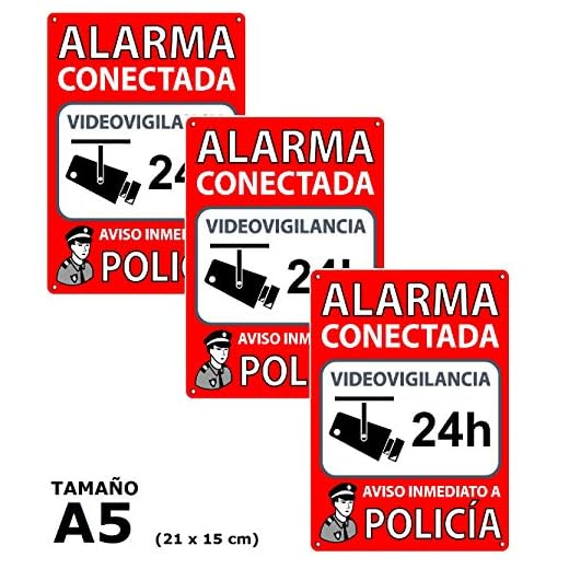 Pack de 3 Carteles Alarma Conectada | Placas Disuasorias A5 Interior/exterior Pvc Flexibles | Lote de 3 Carteles Aviso a la Policía | Zona Vigilada