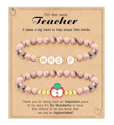 Teacher Appreciation Gifts for Women,Teacher Must Haves Initial Bracelet Mrs Miss End of Year Teacher Gifts Thank You for Helping Me Grow Music Math Science Teachers Bracelets Retirement 2 Set Jewelry