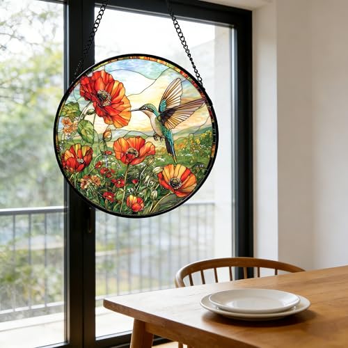Image of DASTOLL Stained Glass Window Hanging, Hummingbirds Orange Flowers Suncatcher Diamond Glass Panel Hangings Sun Catchers Decor for Birthday for Women, Men, Wife, Aunt, and Mom 6.3 in