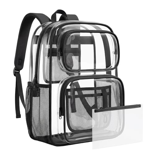 mommore Clear Backpack Set for School, Large Heavy Duty Transparent Bookbag with Pencil Bag for Boys Girls, 17 inch See Through PVC Plastic Backpack with DIY Patches for College Work Casual