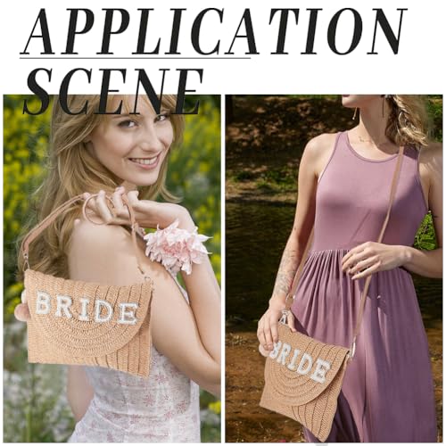 Image of GORGECFAFT Bride Straw Shoulder Bag Woven Clutch Bag Summer Beach Crossbody Handbags with Two Balls Woven Rhinestone Wedding Vacation Purse Honeymoon Bridal Shower Gift for Bride Party Honeymoon