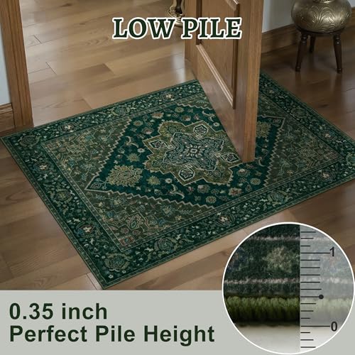 Image of Tangsoo 3x5 Washable Rug Indoor Area Rugs, Vintage Non Slip Accent Rug Carpet, Oriental Soft Low Pile Rugs for Living Room Dorm Bedroom Bedside Entryway Bathroom Home Decor Dark Green