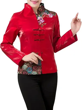 Women's Silk Brocade Patch Flower Embroidery Shimmer Fabric Chinese Jacket