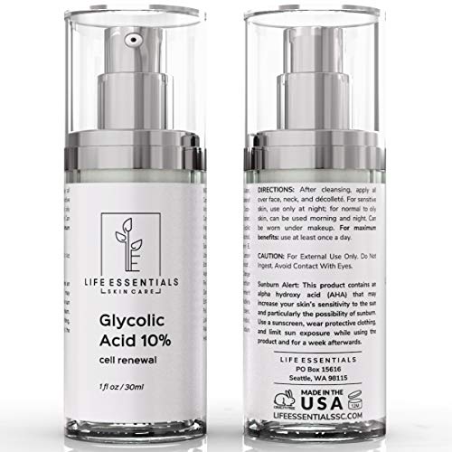 Glycolic Acid Cream 10%- 1 Fl. Oz.- Glycolic Moisturizer for Skin Rejuvenation, Cell Renewal and Dark Spot Treatment- All Natural Hydroxy Face Lotion- Free Sample of Hemp Seed Moisturizer Included