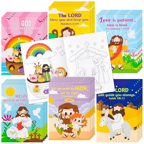 ANGOLIO 24 Easter Christian Religious Coloring Books Bulk for Kids DIY Art Drawing Book for Sunday School Prizes Back to School Classroom Rewards Church Activity Carnival Gifts Party Favors, 6 Styles