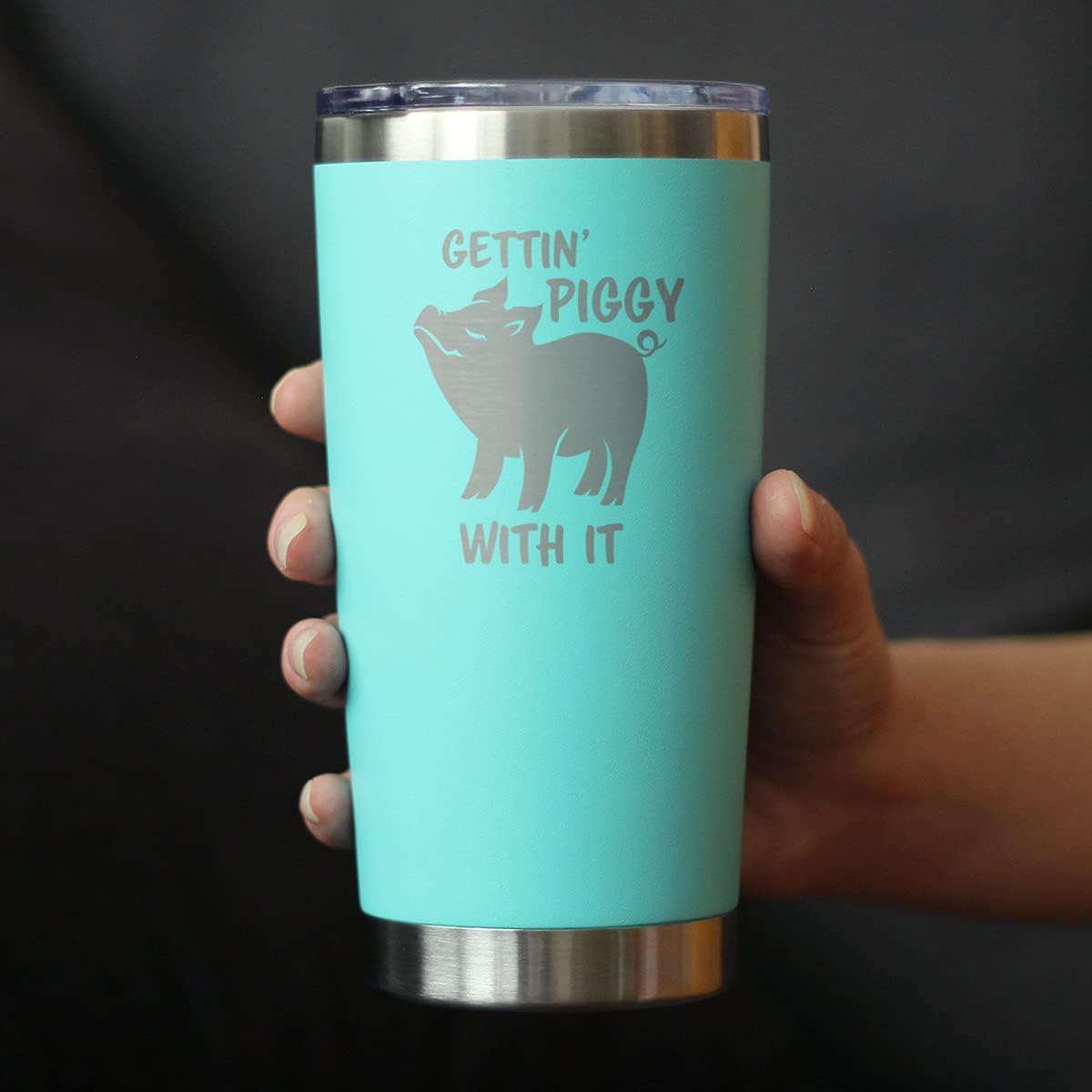 Bevvee Gettin Piggy - Insulated Coffee Tumbler Cup with Sliding Lid - Stainless Steel Insulated Mug - Pig Themed Coffee Gifts - Teal