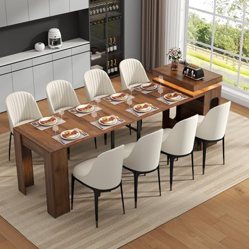 Extendable Dining Table with Charging Station Convertible Folding Console Table for 6-8 People Space-Saving Dining Table with LED Lights Wood Rectangle Kitchen Table for Homes Walnut (No Chairs)