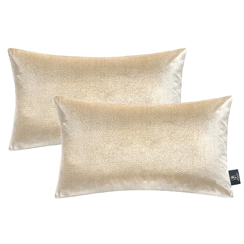 Phantoscope Pack of 2 Velvet Decorative Throw Pillow Covers Soft Solid Square Cushion Case for Couch Shiny Beige 12 x 20 inches 30 x 50 cm