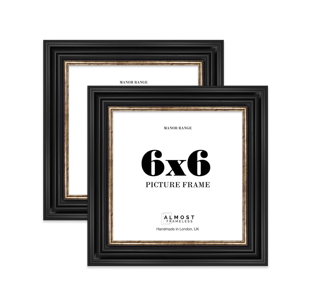 6x6 Picture Frame, Display 6x6 Pictures (15.2 x 15.2cm) - Black & Gold Bold 42mm Edge Room Decor - 2 Pack